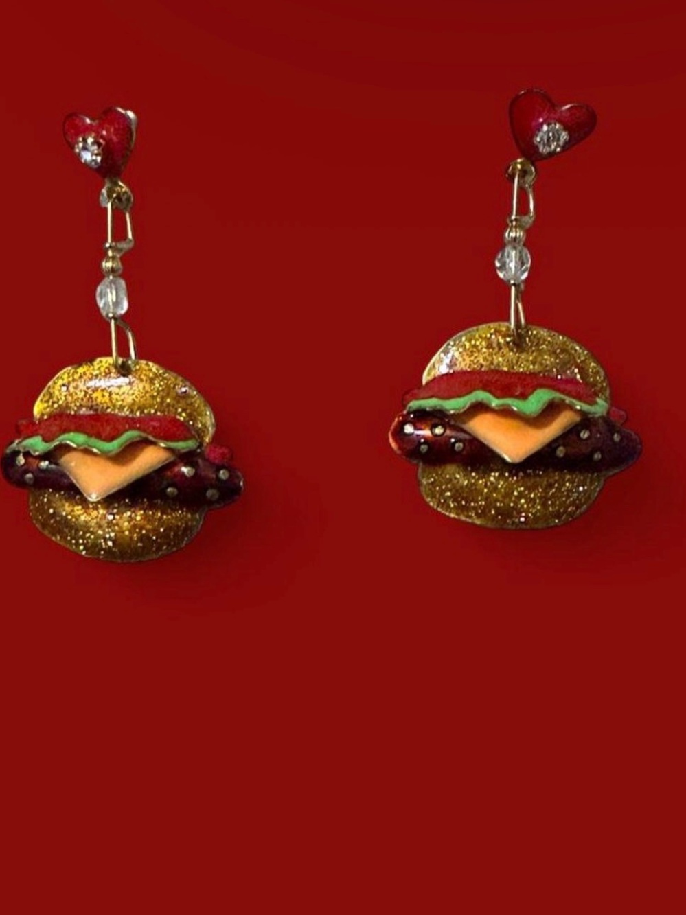 Vintage Lunch At The Ritz Burger Earrings With Heart Details
